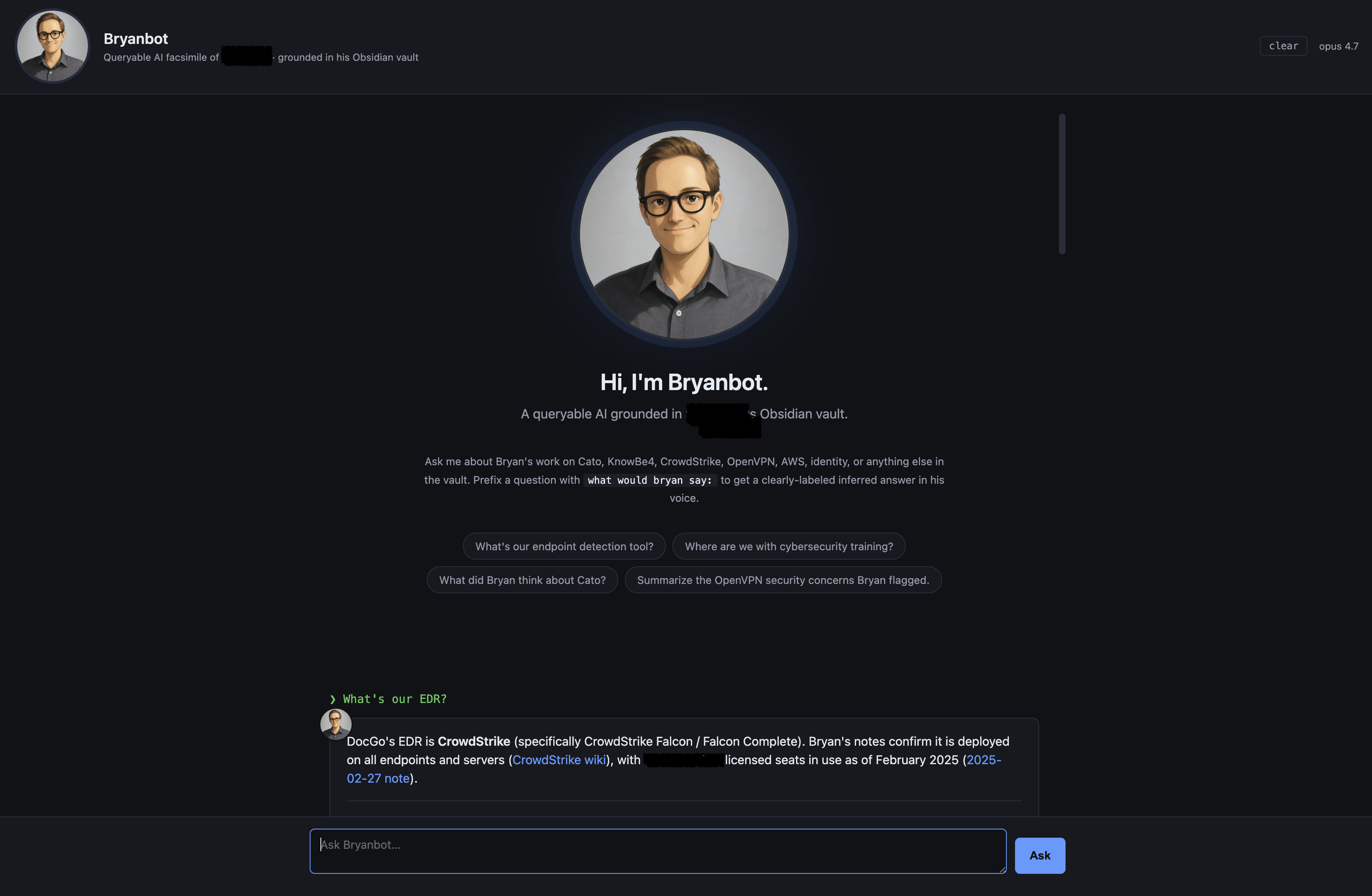 Bryanbot web UI: hero with portrait, suggested questions, and a sample answer about the EDR deployment