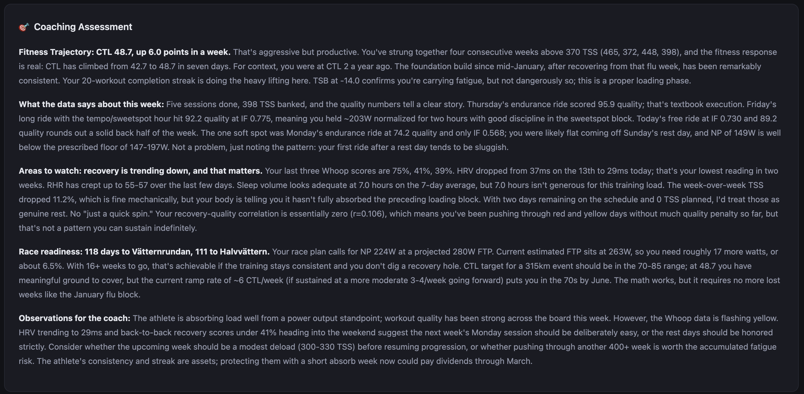 LLM coaching assessment with fitness trajectory, weekly analysis, and race readiness